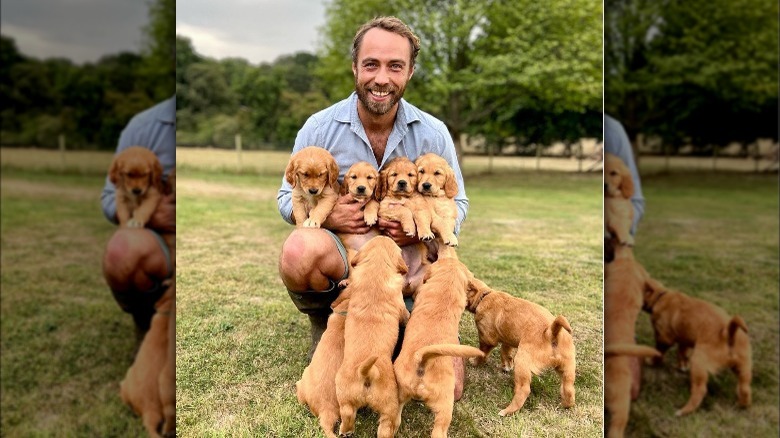 James Middleton smiling with puppies