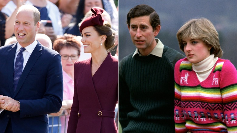 Prince William Kate Middleton smiling & Prince Charles Princess Diana frowning