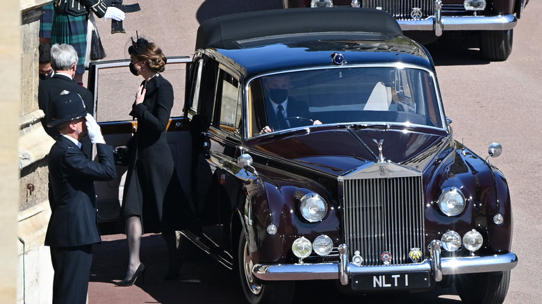 Kate Middleton departs car for chapel at Prince Philip's funeral