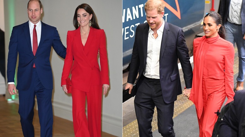 William with Kate in red; Harry with Meghan in red