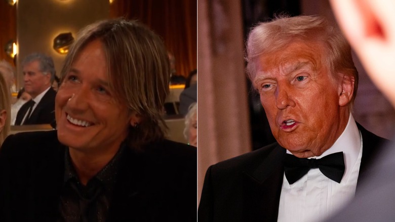 Split image of Keith Urban at the Golden Globes and Donald Trump at his 2024 NYE party