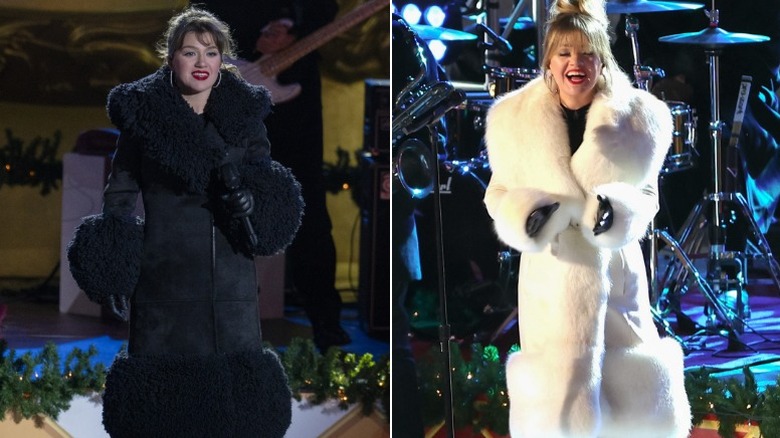 Kelly Clarkson wearing matching black and white coats at Rockerfeller tree lighting in 2023 and 2024