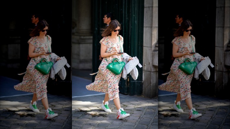 floral dress with green purse