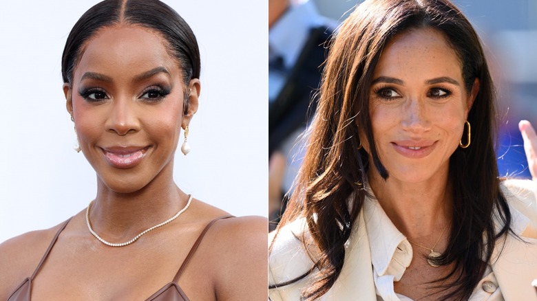 Split image of Kelly Rowland and Meghan Markle smiling