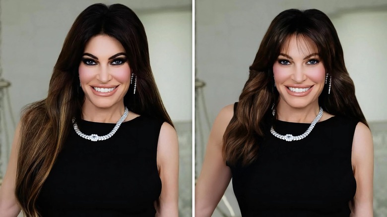 A side-by-side comparison of Kimberly Guilfoyle with and without heavy eye shadow and hair extensions