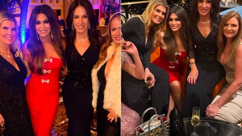 Kimberly Guilfoyle in a strapless red dress with friends at Donald Trump's inauguration