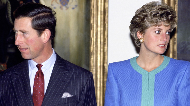 King Charles III and Princess Diana looking away from each other