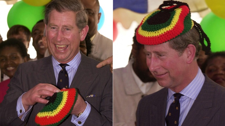 Prince Charles holding a rasta cap 