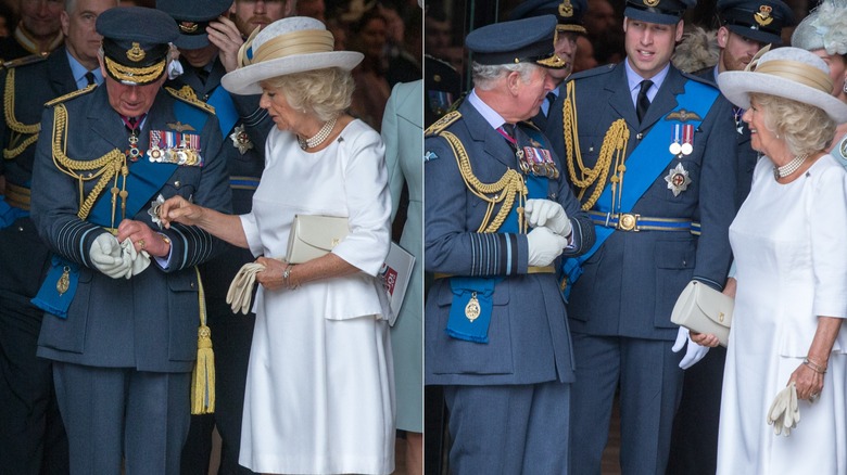 Queen Camilla helping King Charles put on gloves