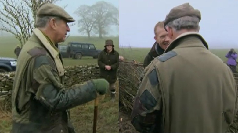 Split image of King Charles wearing a patchwork jacket 