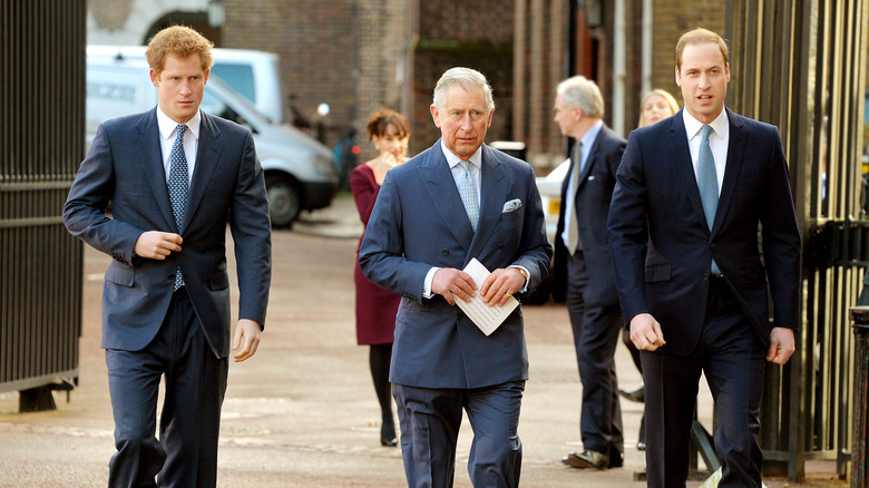 Prince Harry, King Charles, and Prince William walking together