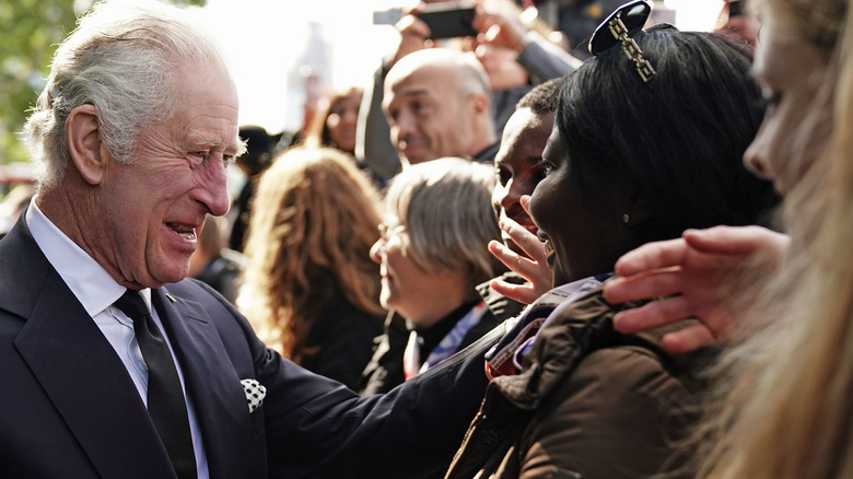 King Charles III greeting a crowd outside Cardiff Castle