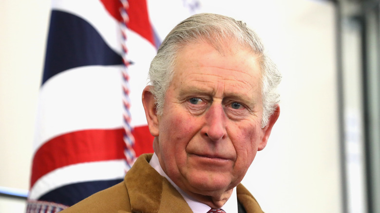 Prince Charles posing in front of Union Jack