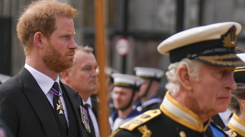 Prince Harry walking behind King Charles III