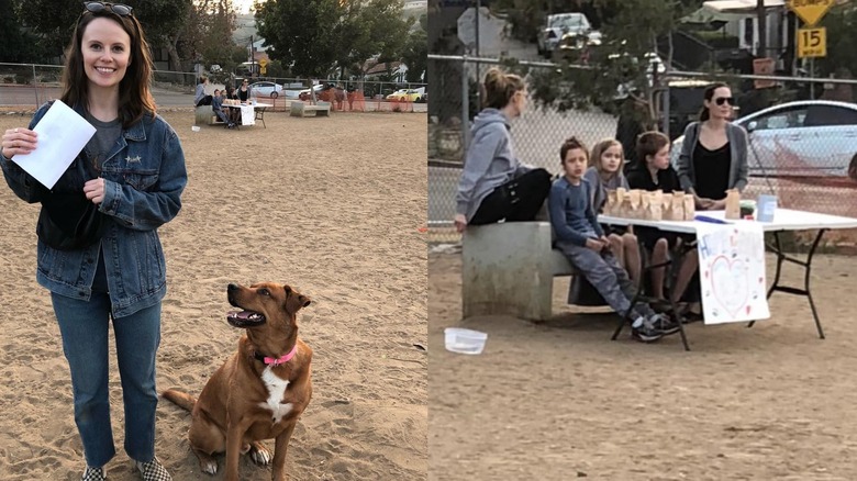 Sarah Ramos at a dog park with a close-up of Angelina Jolie and three of her kids in the background