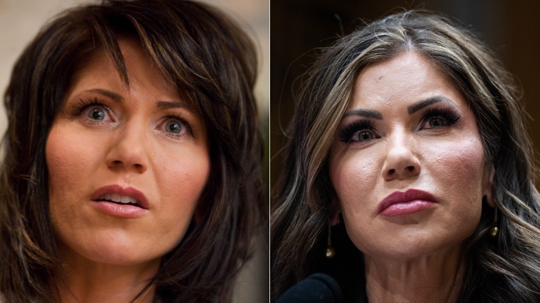 Side-by-side photos of Kristi Noem before and after joining MAGA