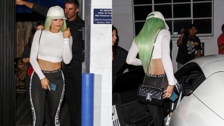 Kylie Jenner in green wig and sheer leggings