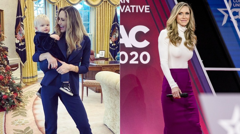 Lara Trump holding Luke Trump in the Oval Office & Lara Trump walking onstage CPAC 2020