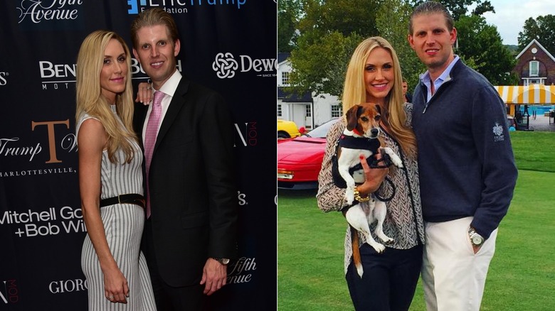 Lara Trump leaning on Eric Trump on red carpet & Lara Trump and Eric Trump side-hugging (with their dog)