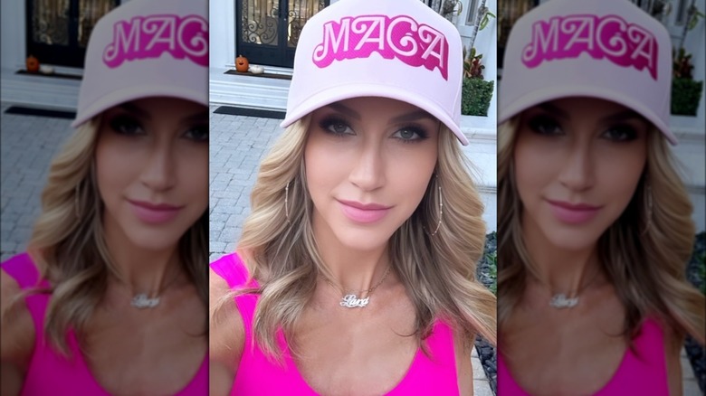 Lara Trump wearing a pink MAGA hat