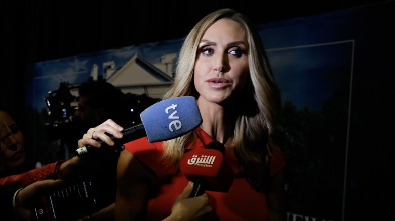 Lara Trump talks to journalists before the presidential debate on Sept 10, 2024