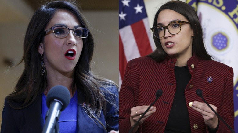 Left: Lauren Boebert speaking, Right: Alexandria Ocasio-Cortez speaking