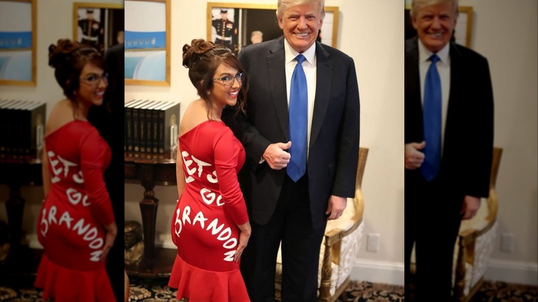 Donald Trump and Lauren Boebert wearing her Let's Go Brandon dress