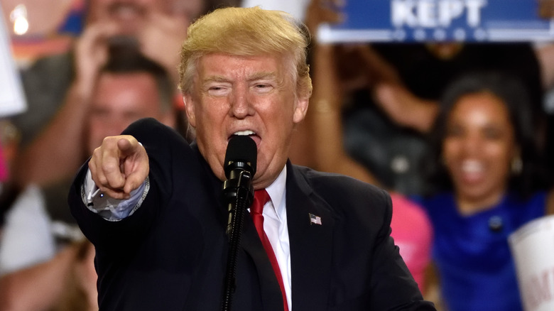 Donald Trump pointing, shouting at rally