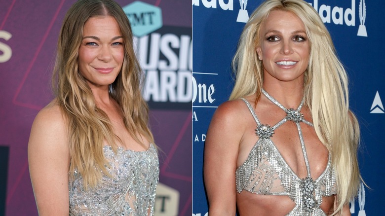 Left: LeAnn Rimes smiles in silver dress, Right: Britney Spears smiles in silver dress