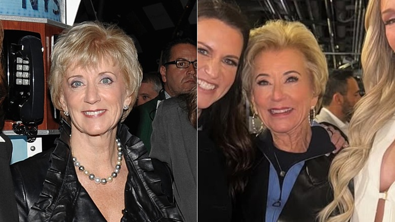 Linda McMahon smiling (L) and Stephanie McMahon and Linda McMahon smiling (R)