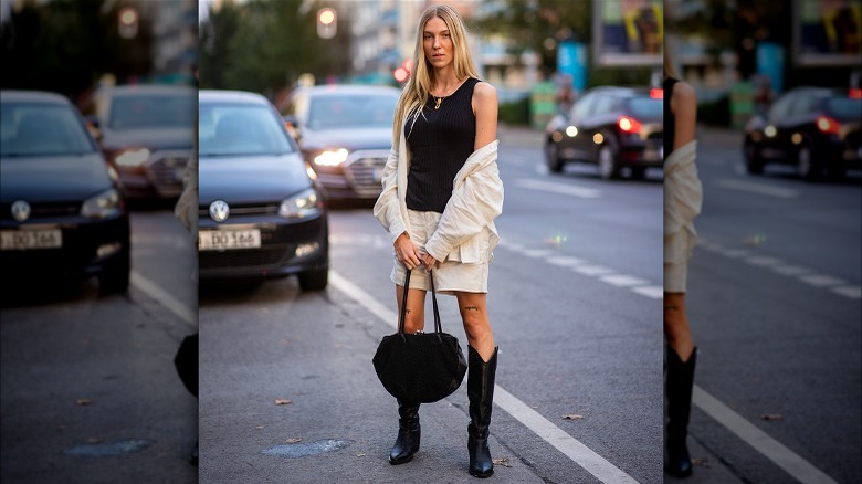 Linen shorts with knee-high boots