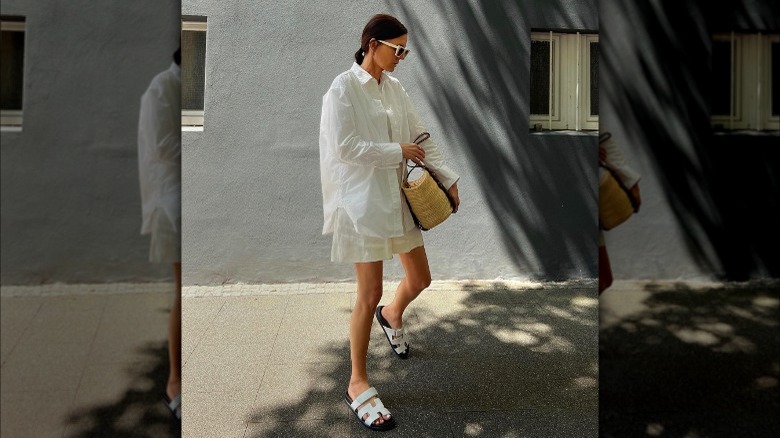 Woman wearing all-white linen summer outfit