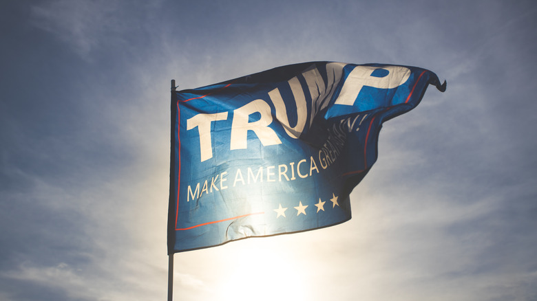 Blue Trump MAGA flag flying outdoors