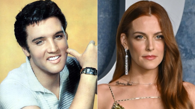 A split screen of Elvis Presley and his granddaughter, Riley Keough