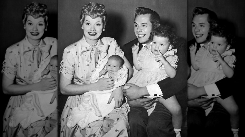 Lucille Ball and Desi Arnaz holding their children