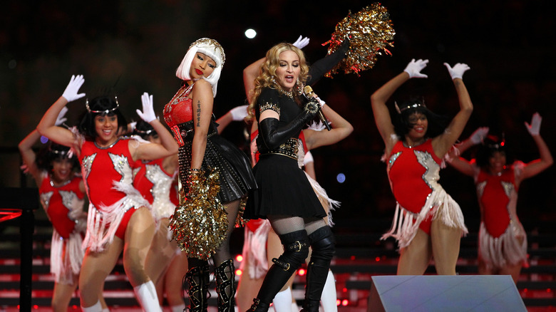 Madonna performs with Nikki Minaj at the Super Bowl Halftime Show, 2012.