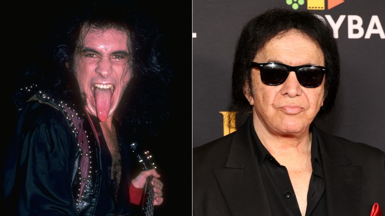 Split photo of Gene Simmons holding guitar with his tongue out and Gene Simmons wearing black sunglasses and black suit unsmiling