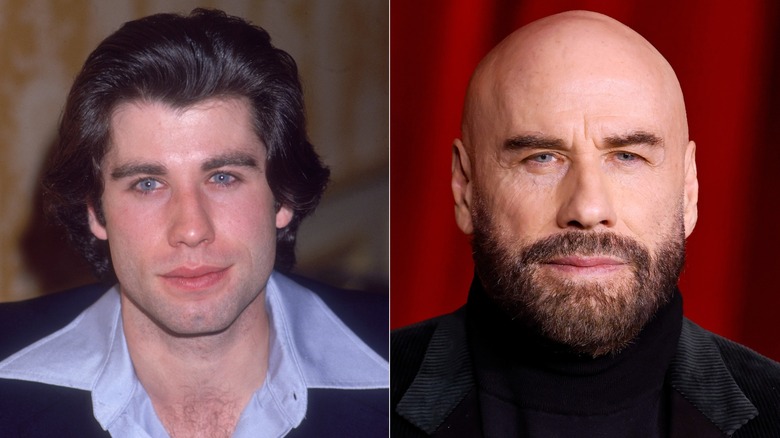 Split photo of John Travolta in wide collared shirt with dark hair and John Travolta bald with a beard and black turtleneck.