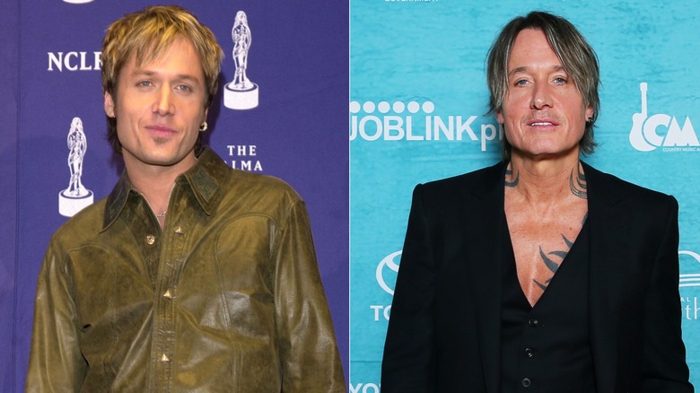 Split photo of Keith Urban in olive leather shirt and Keith Urban in black vest and jacket