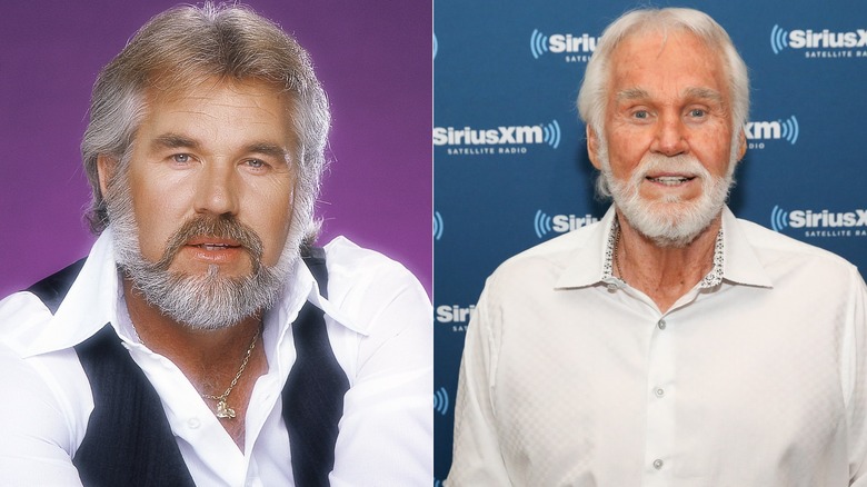 Split photo of Kenny Rogers in white shirt with black vest and Kenny Rogers in white shirt.