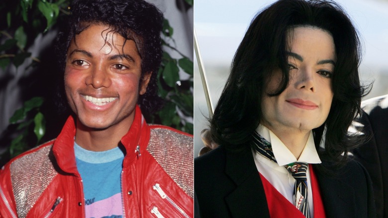 Split photo of Michael Jackson in red jacket and Michael Jackson with long hair in white shirt, red vest, and tie