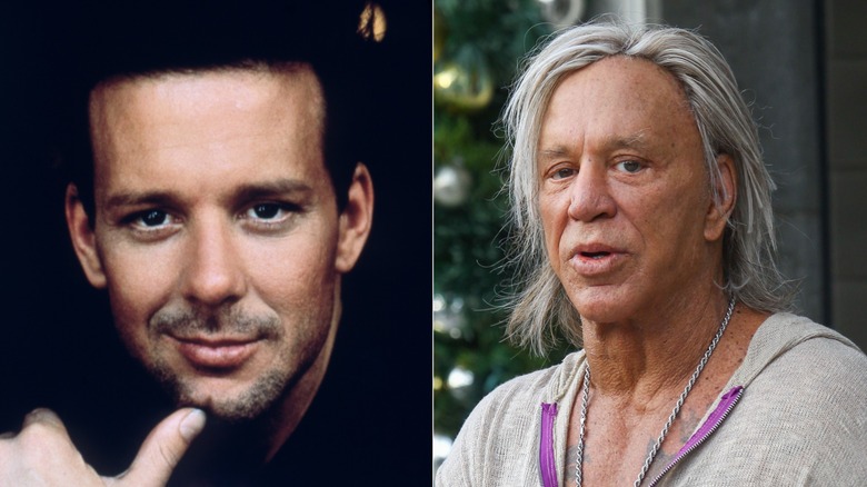 Close-up of Mickey Rourke in black, and Mickey Rourke with long gray hair and gray sweatshirt