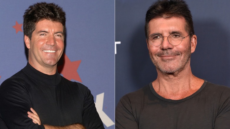 Split photo of Simon Cowell smiling in black turtleneck and Simon Cowell with mouth closed wearing glasses and a black T shirt.