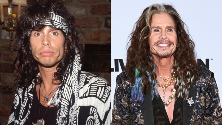 Split photo of Steven Tyler in black and white shirt and Steven Tyler with gray streak in hair, scruff, and a sparkly blazer