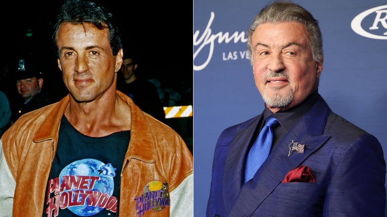 Split photo of Sylvester Stallone in Planet Hollywood T-shirt and jacket, and Sylvester Stallone wearing blue suit and tie with red pocket square