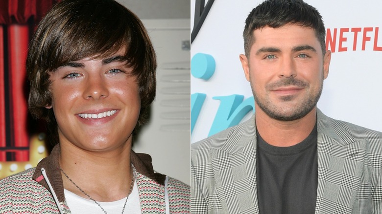 Split photo of young Zac Efron with shaggy hair and Zac Efron with short hair, scruff, and a brown tee and blazer