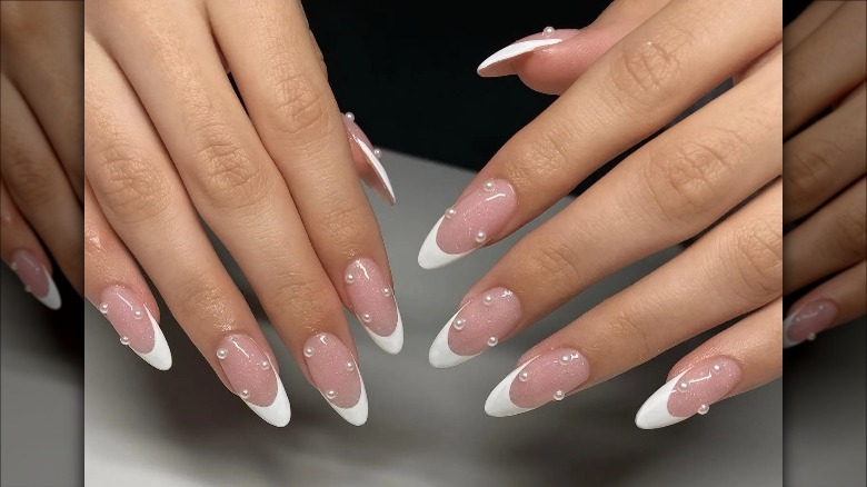 French tip manicure with pearls for prom