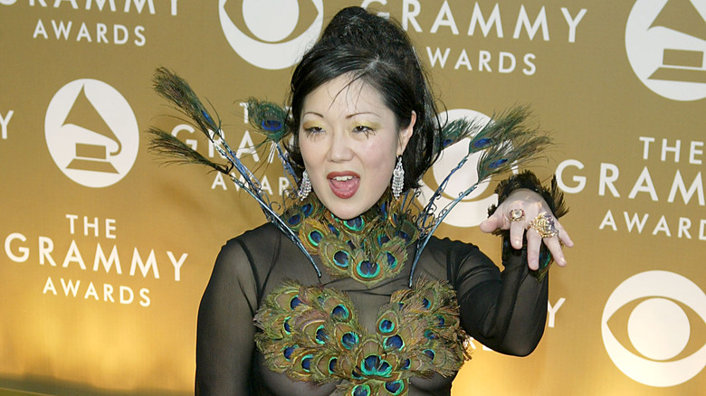 Margaret Cho in a peacock dress in 2004