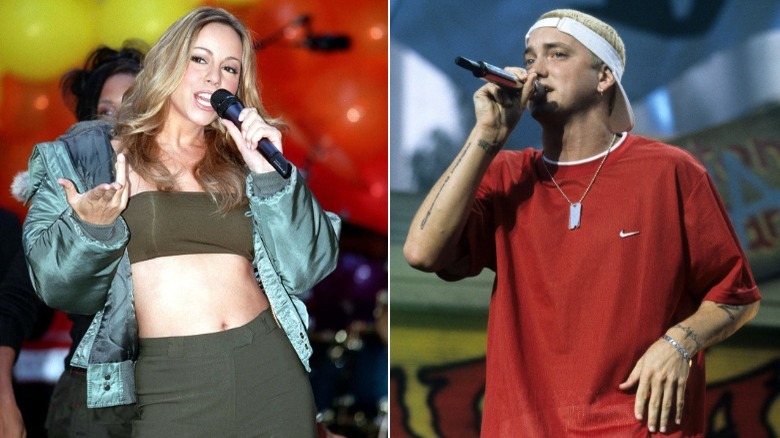 Left: Mariah Carey performing, Right: Eminem performing