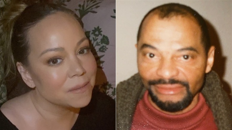 A split image of a sad Mariah Carey and her father